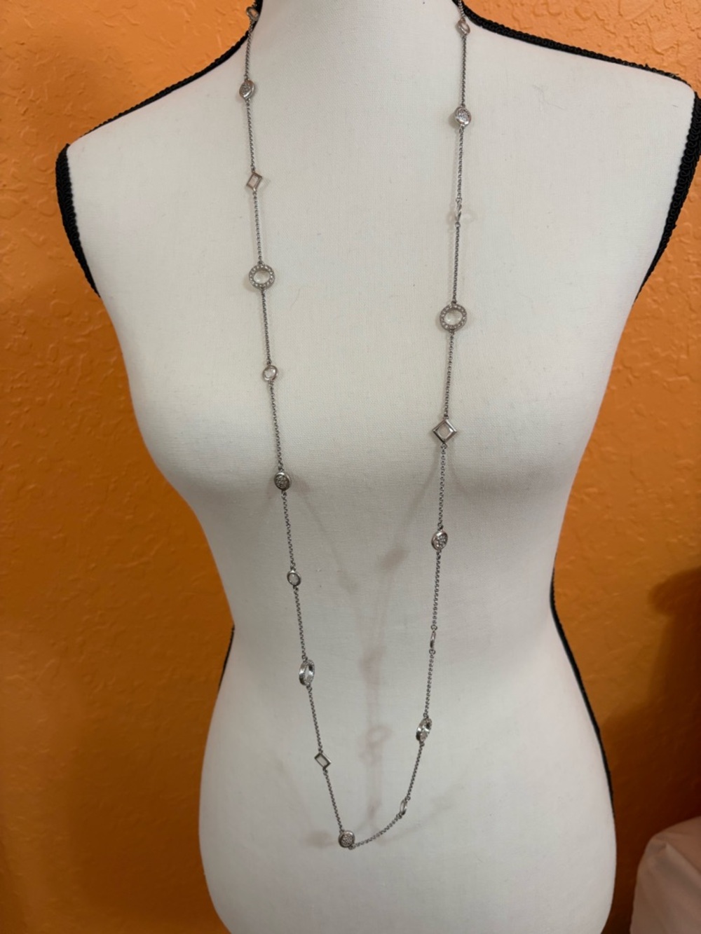 Lia Sophia Long Silver Geometric Station Necklace